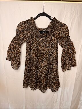 Max Studio Black and Brown Leopard Smocked Neck Blouse
